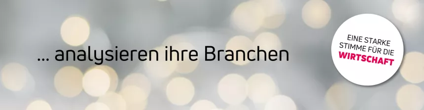 Dekorativer Header mit Aufschrift "... analysieren ihre Branche" inkl. Sticker lautend "Eine starke Stimme für die Wirtschaft"