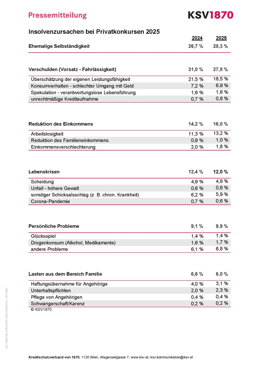 KSV1870 Tabellenauswertung Ursachen Privatkonkurs 2025