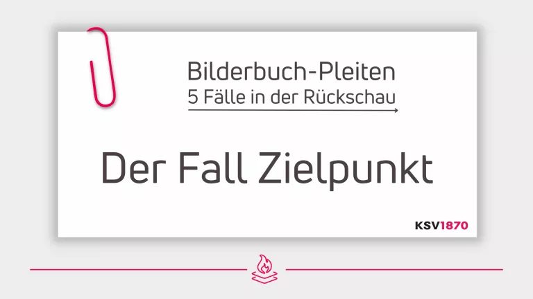 Karteikarte mit Schriftaufzug "Bilderbuch-Pleiten: 5 Fälle in der Rückschau. Der Fall Zielpunkt" mit KSV1870 Logo