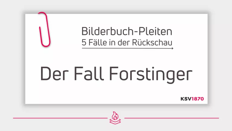 Karteikarte mit Schriftaufzug "Bilderbuch-Pleiten: 5 Fälle in der Rückschau. Der Fall Forstinger" mit KSV1870 Logo